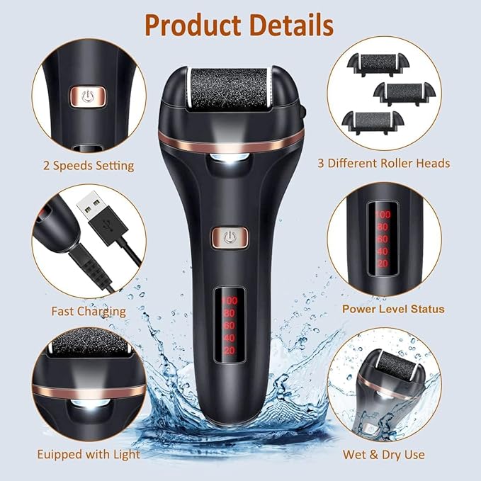 AdamPark Electric Callus Remover for Feet,Rechargeable Foot File Hard Skin Remover,Waterproof 14 in1 Professional Pedicure Kit for Cracked Heels &Dead Skin,with 9 Roller Heads 2 Speed(Black P8)