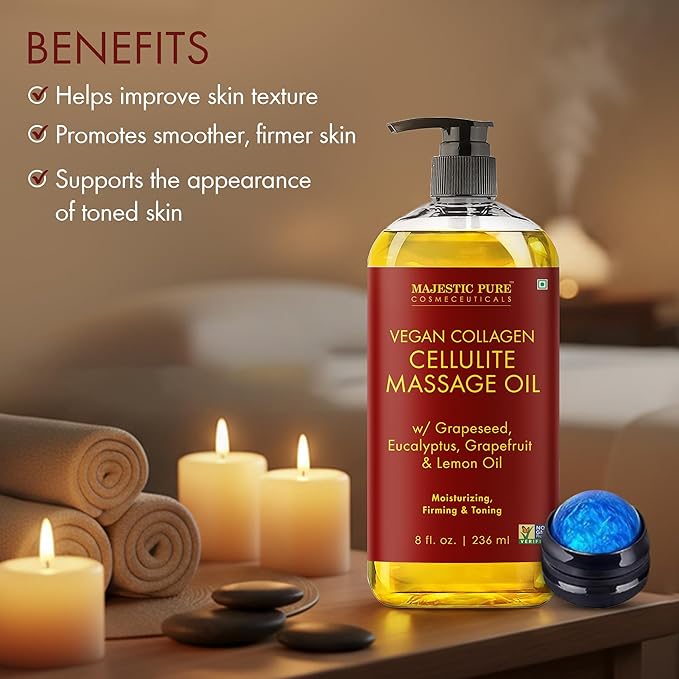 Majestic Pure Firming Body Massage Oil with Collagen – Helps Smooth The Appearance of Cellulite & Improve Skin Texture – Refreshing Aromatherapy Body Oil for Legs & Full Body – 8 Fl Oz, with Roller