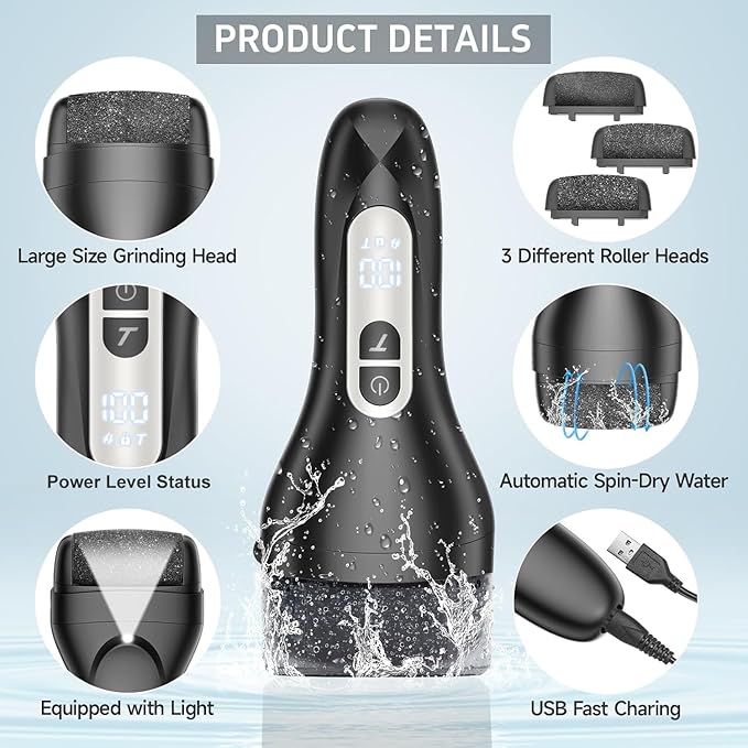 AdamPark Electric Foot File Callus Remover, Rechargeable Pedicure Tools Foot Care Kit, Portable Callus Remover Kit with 3 Roller Heads,2 Speed,Battery Display (Black KW)