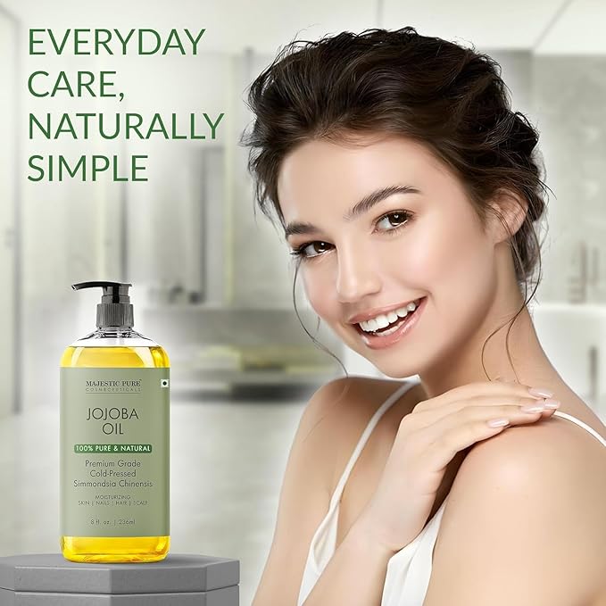 Majestic Pure Jojoba Oil - 100% Pure & Natural - Premium Grade, Cold-Pressed, Hexane-Free Carrier Oil for Skin, Hair and Body - Moisturizing Skin, Hair and Scalp - 8 Fl Oz
