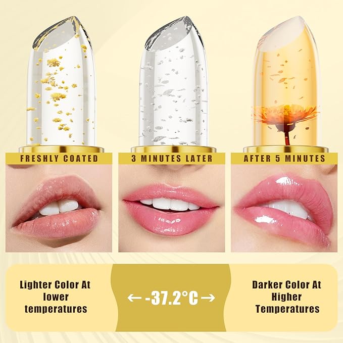3PCS Color Changing Lipstick, Transferproof Gold Crystal Ph Lipstick Color Changing, Clear Lip stick That Changes Color, Long Lasting 24 Hours Moisturizing, Moisturizing Glossy Shine Lip Gloss