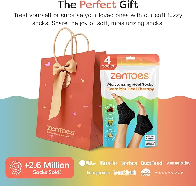 ZenToes Moisturizing Socks for Cracked Heel Treatment, Vitamin E, Olive Oil and Jojoba Oil Infused Heel Socks, Galentines Day Gifts, Self Care Gifts for Women (Fuzzy Black, Wide Width)