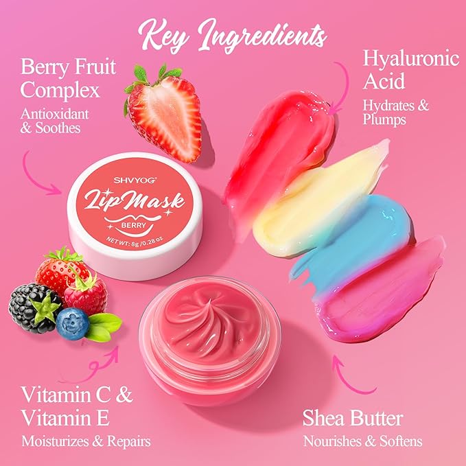 4 Pack Lip Mask Set, Hydrating Lip Mask Overnight - Berry, Grape, Mint, Vanilla Flavors, Lip Sleeping Mask Nourish Lip Balm with Vitamin C & Shea Butter | Dry Lips Care Gift