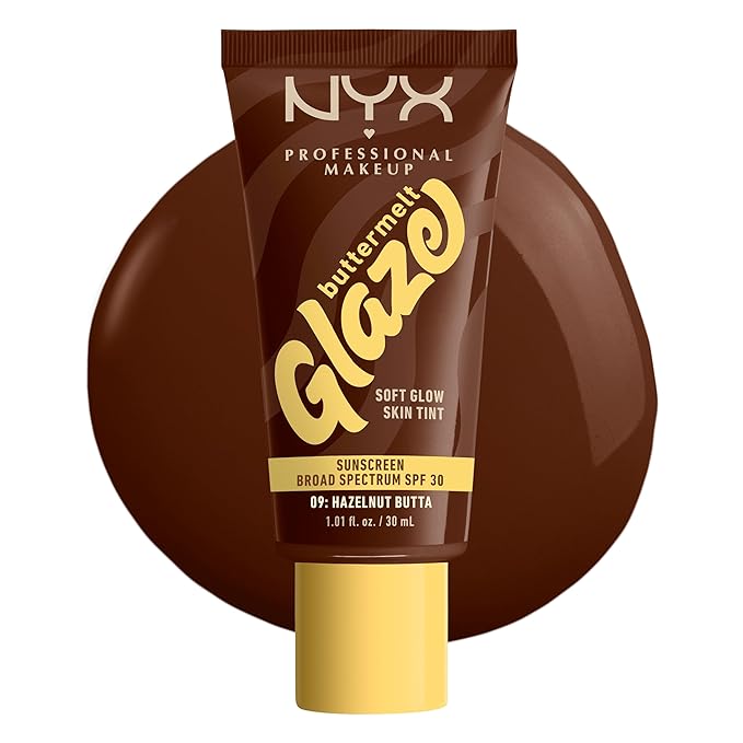 NYX PROFESSIONAL MAKEUP Buttermelt Glaze Soft Glow Skin Tint + SPF 30, Up To 12HR Wear, 09 Hazelnut Butta