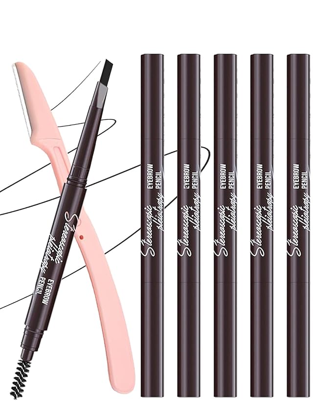 Berinist Waterproof Eyebrow Pencils for Women, 6Pcs Double-ended Black Eye Brow Pencil with Razor Kit, Triangular Tip Design Makes it Easier to Define and Fill in Brows for a Natural Look