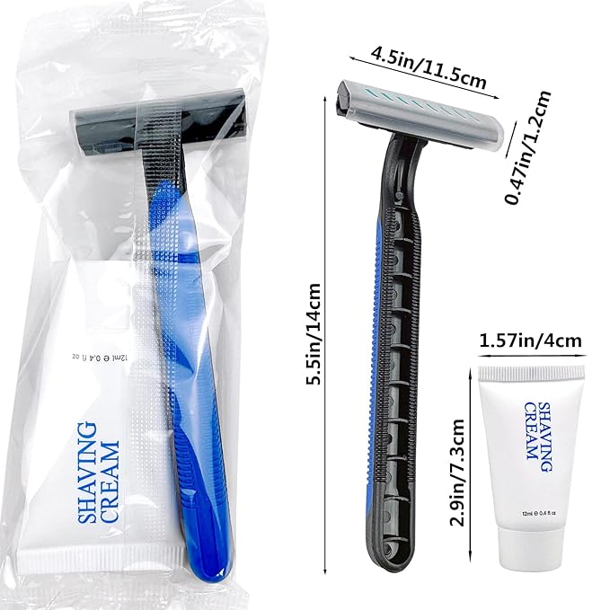 Shave Kit in Bulk, Smooth Shave Disposable Razor and Cream(12g), Individually Wrapped Toiletries Amenities for Hotel, Airbnb, Homeless, Shelter, Camping and Travel (50 Pack)