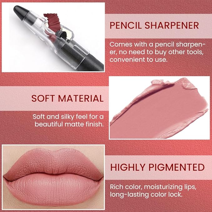 Nude Pink Matte Lip Liner Crayon with Sharpener - Waterproof Smudgeproof Long-Wear Lip Pencil, Creamy Pigmented Lip Crayon for Women, 12HR Stay Silky Velvet Lip Liner 17#