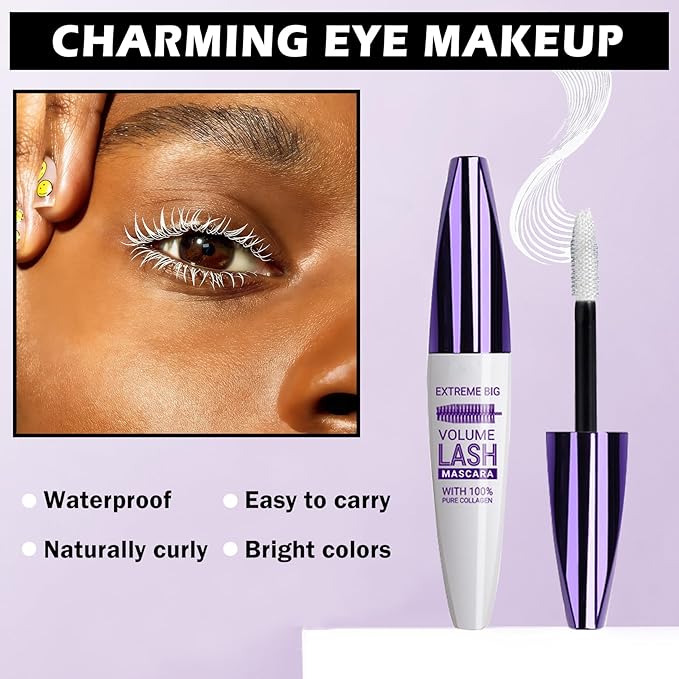 White Mascara for Eyelashes,5D Colored Mascara Volume and Length Waterproof,Natural Curling for Women Eye Makeup