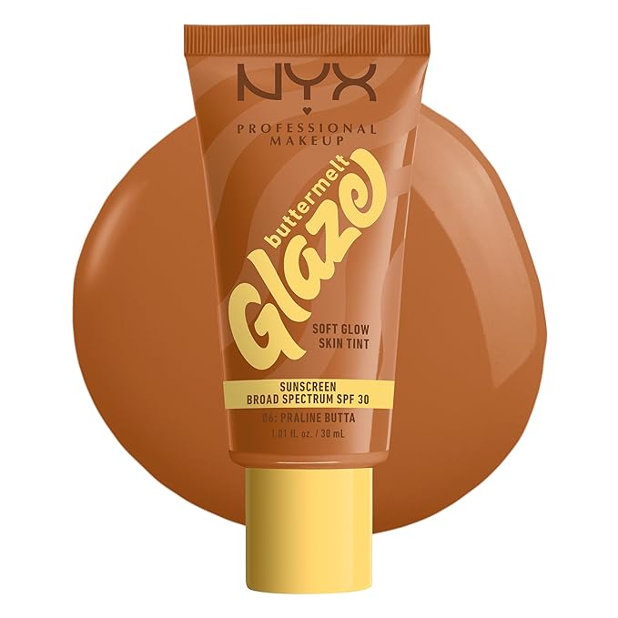 NYX PROFESSIONAL MAKEUP Buttermelt Glaze Soft Glow Skin Tint + SPF 30, Up To 12HR Wear, 06 Praline Butta