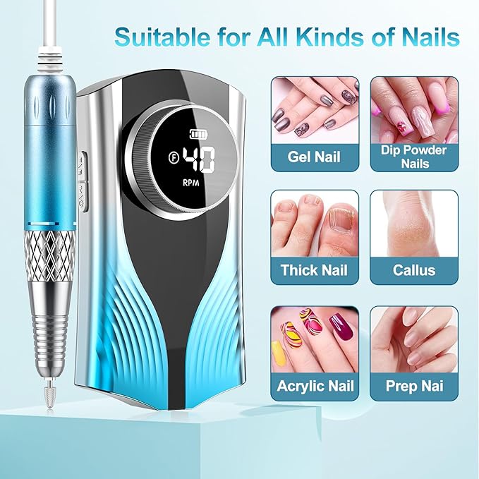 Electric Nail Drill Machine Professional, Cordless Rechargeable Nail Drill Kit Low Heat Quiet E-File for Acrylic Gel Polishing Removing with Bits Kit for Manicure Salon Home (Blue)