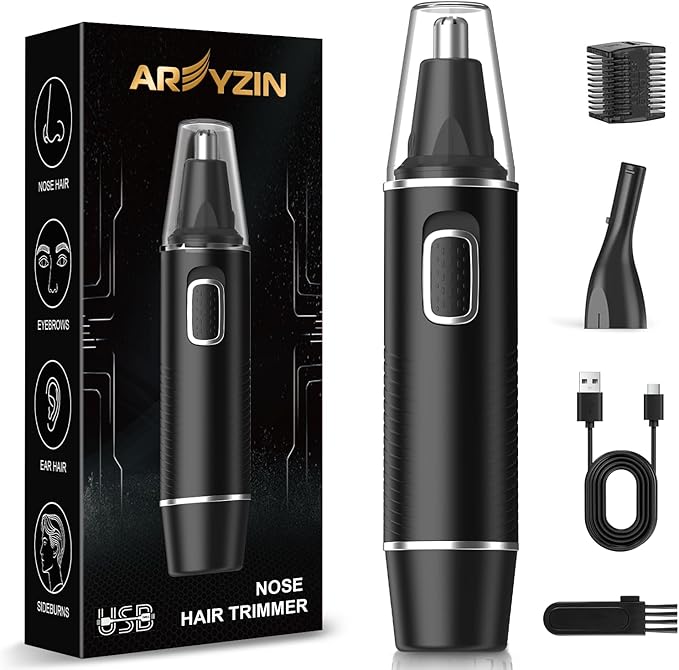 AREYZIN Nose Hair Trimmer for Men,Rechargeable Ear and Nose Trimmer,2 in 1 Painless Professional Eyebrow & Facial Hair Trimmer with IPX7 Waterproof Dual Edge Blades (Black)