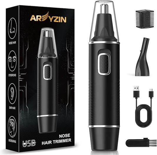 AREYZIN Nose Hair Trimmer for Men,Rechargeable Ear and Nose Trimmer,2 in 1 Painless Professional Eyebrow & Facial Hair Trimmer with IPX7 Waterproof Dual Edge Blades (Black)