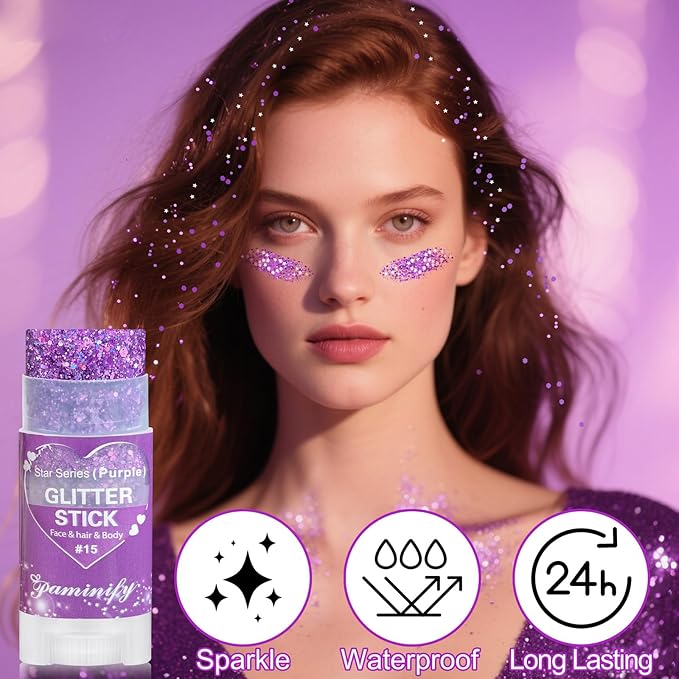 Purple Hair Glitter Stick,Purple Body Face Glitter Singer Concert Outfits for Women,Rave Accessories Carnival Chunky Sequins,Waterproof Shimmer Body Paint for Kids
