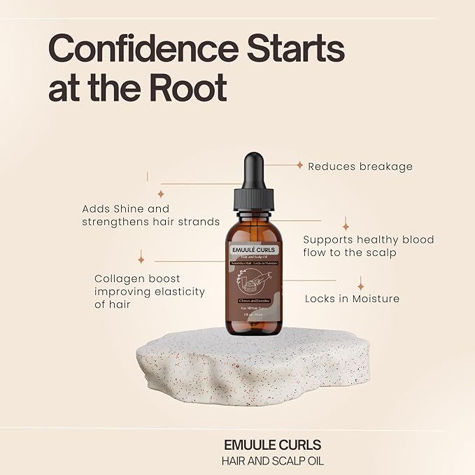 Emuulé Curls - Hair and Scalp Oil, 2 oz, Deep Moisturizer with Avocado and Pumpkin Seed Oil. 100% Natural Ingredients, Sustainable Glass Bottle (2 Ounce, Cloves & Jasmine)
