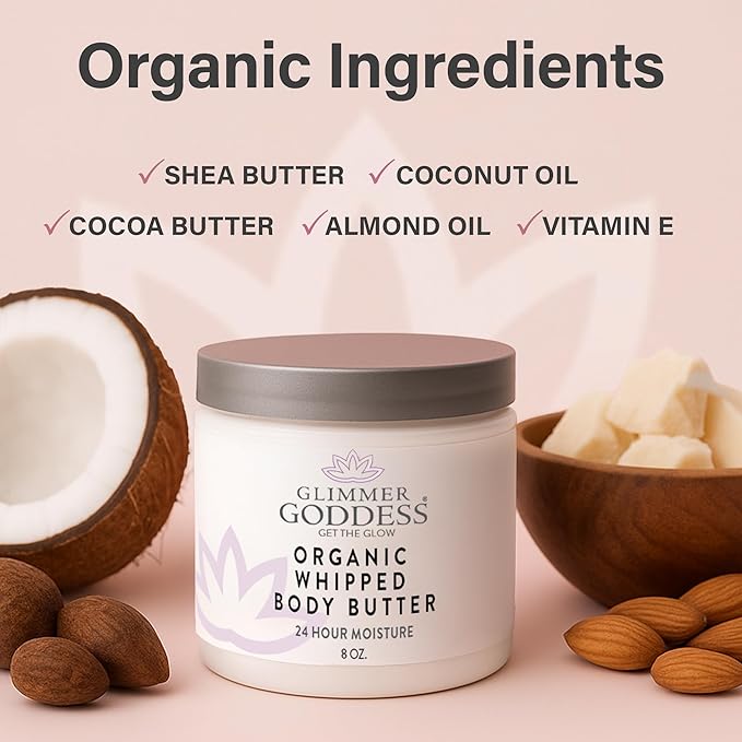 Glimmer Goddess Organic Whipped Body Butter for Women - Moisturizer Cream with Shea & Cocoa Butter, Almonds & Coconut Oil - Strawberries & Cream, 8oz