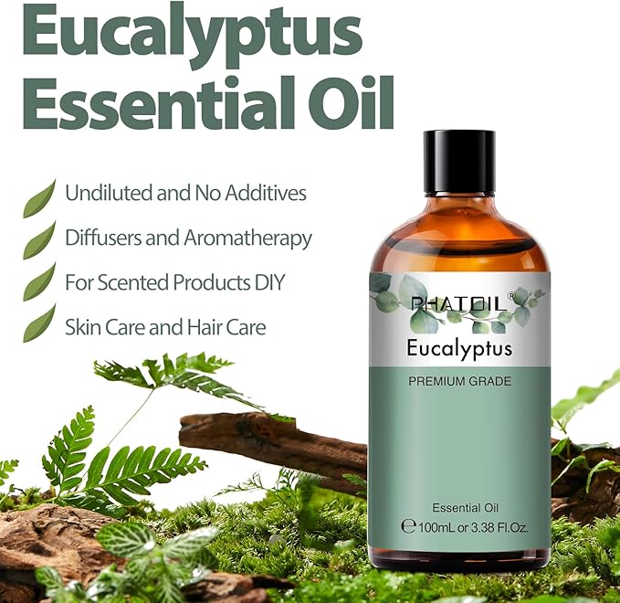 PHATOIL Pure Eucalyptus Essential Oil, 100% Pure Therapeutic Grade Premium Oil for Hair Care, Skin, Aromatherapy 3.38Fl Oz