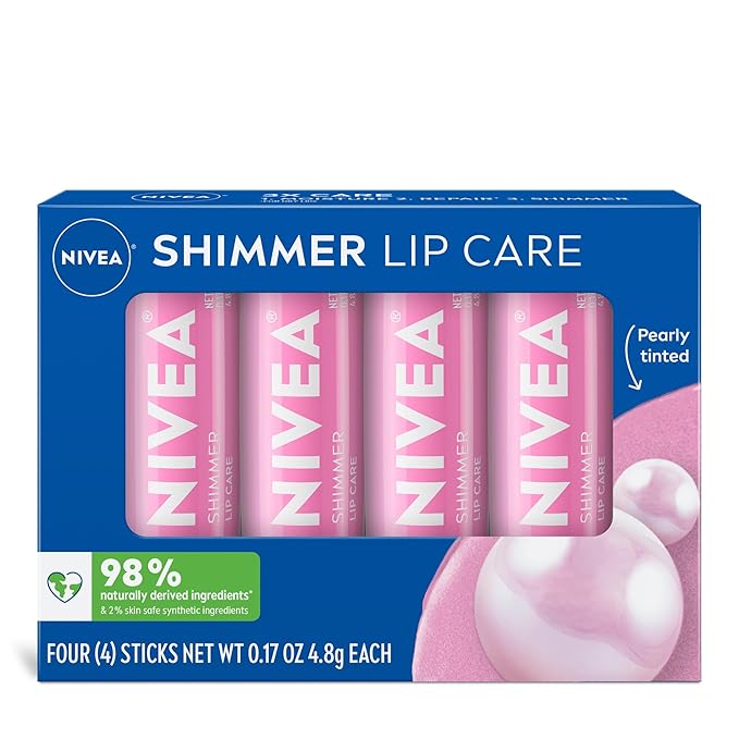 NIVEA Shimmer Lip Care, Shimmery Lip Balm Pack with Shea Butter, Nourishing Oils and Vitamin C & E, 3-in-1 Moisture, Repair and Shimmer, 0.17 Oz Stick, Pack of 4