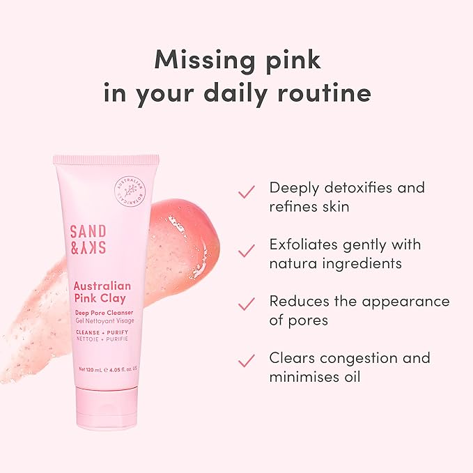 Sand & Sky Australian Pink Clay Deep Pore Face Cleanser with Squalane & AHA - Gentle Daily Cleanser for Oily Skin, Removes Makeup & Clears Congestion, 4.2 fl oz