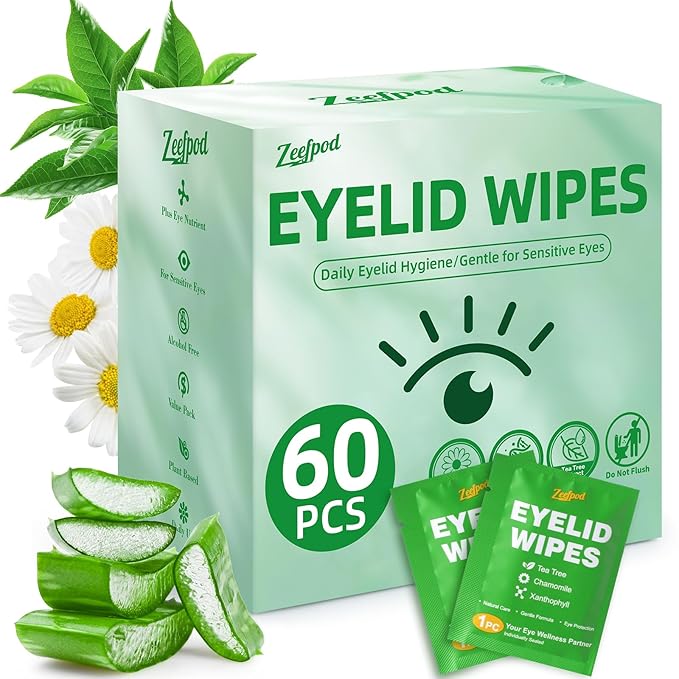 60PCS Tea Tree Oil Eyelid Wipes – Individually Wrapped Eye Lid Cleaning Wipes，Soothing For Sensitive Eyes, Stay Hydrated Lid Wipe