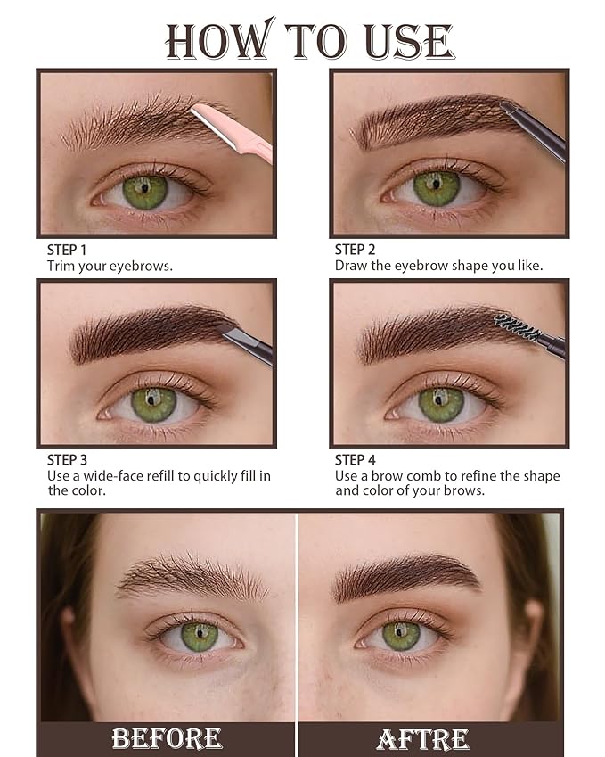 Berinist Waterproof Eyebrow Pencils for Women, 6Pcs Double-ended Dark Brown Eye Brow Pencil with Razor Kit, Triangular Tip Design Makes it Easier to Define and Fill in Brows for a Natural Look