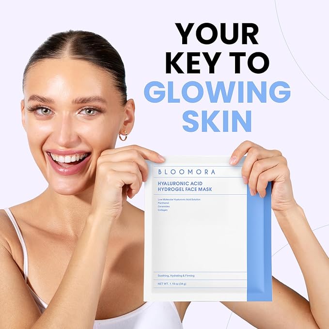 BLOOMORA Hyaluronic Acid & Collagen Face Mask Overnight, Hydrogel Hydrating Facial Mask, Moisturizing & Tightening Low Molecular Solution, Collagen Skincare, Face Care & Self Care for Women 34g*4ea