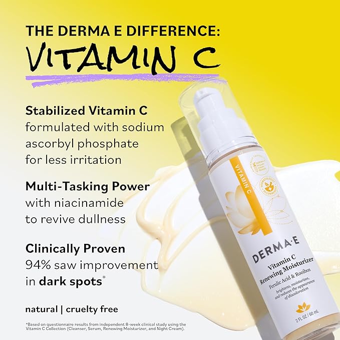 Derma E Vitamin C Renewing Face Moisturizer, 2 Oz, Brightening and Hydrating Facial Skin Renewing Cream, Anti-Aging Wrinkle Cream for Women, Day and Night Moisturizer for Face