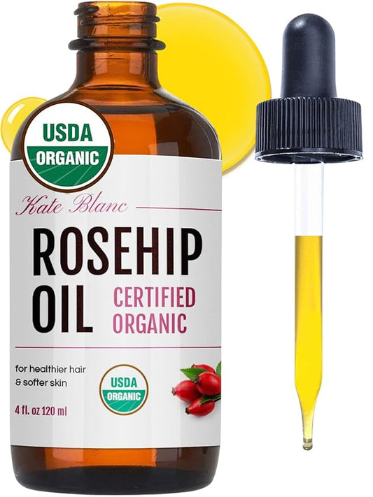 Kate Blanc Cosmetics Rosehip Oil for Face & Skin (4oz, Organic, Pure, Cold Pressed) Rosehip Seed Face Oil for Facial & Gua Sha Massage