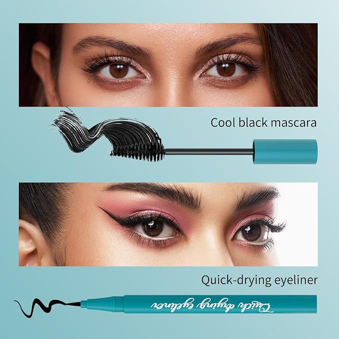 Cool Black Mascara And Quick Drying Eyeliner Set, Thickening Fiber Lash Mascara Extension Voluminous, Long-Lasting Waterproof Smudge-Proof Natural No Flaking/No Clumping