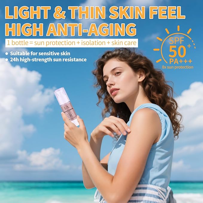 Tinted Face Sunscreen - Waterproof & Lightweight Liquid Foundation with SPF 50++, 3-in-1 Full Coverage Foundation Smooths & Blurs Pores, 410 Deep