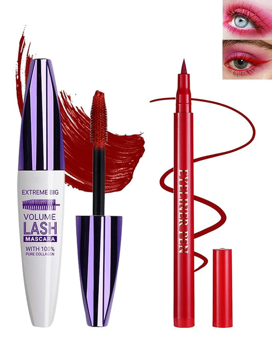 Red Waterproof Mascara & Eyeliner, 5D Silk Fiber Lash Extension Colored Tube Mascara Volume and Length,Long-Lasting Smudge-Proof Volumizing Colorful Máscara and Liquid Eyeliner Pen Set for Women