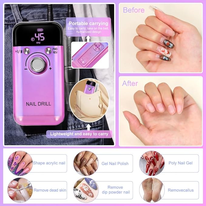 ANRLO Professional Electric Nail Drill, 45000 RPM Cordless Rechargeable E-File Machine, with 12 Bits, Sanding Bands, LCD Display for Acrylic Gel Nails (DMJ-V6-Purple)