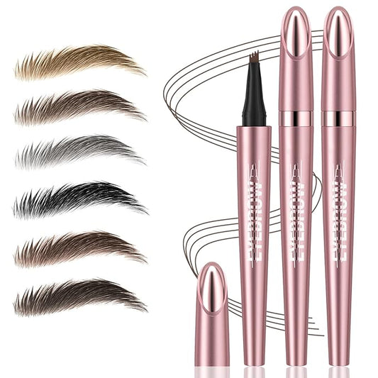 2Pcs Microblading Eyebrow Pen, Long-Lasting Waterproof Eyebrow Pencil with 4-Fork-Tip for 3D Realistic Brow, Easily Create Natural Hair-Like Brow Last All-Day, Eye Brow Pencils for Women -Brown
