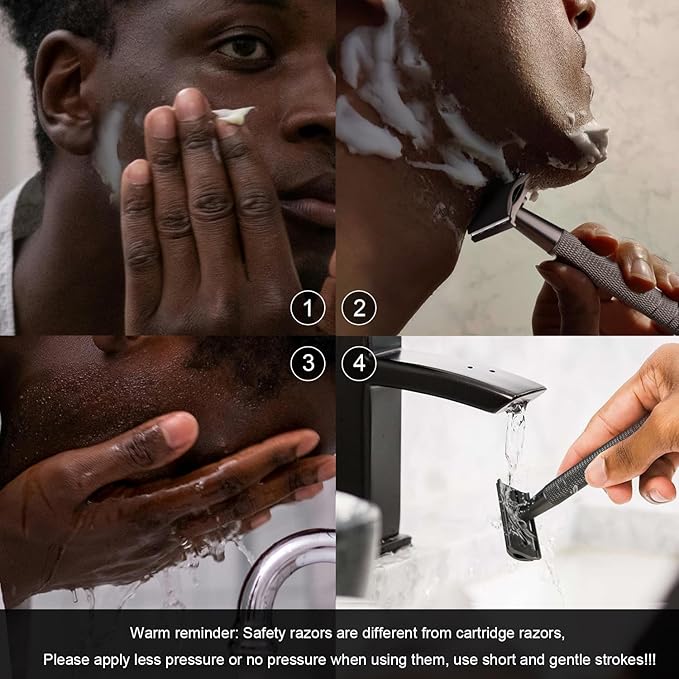 Double Edge Safety Razor with Stand, Single Blade Razors for Men and Women, with 10 Stainless Steel Double Edge Blades, Smooth and Close Shave, Plastic Free, Matte Gun Black
