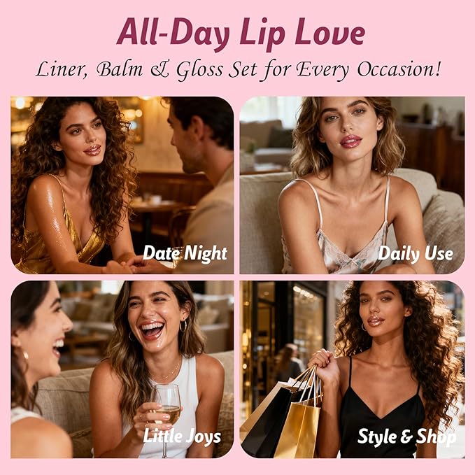 KIMUSE 3PCS Lip Combo Set - Matte Lip Liner Pencil + Hydrating Tinted Lip Balm + Juicy Lip Gloss Tint, Non-Sticky, Long-Lasting, High Pigment Lip Makeup Kit (Sweet Fig Set)