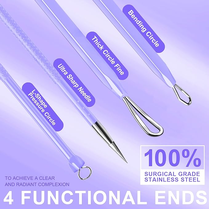 Teenitor Pimple Extractor Acne Treatment Tool Blackhead Comedone Removal 2-in-1 Popper Tool for Face Blackhead Extractor Tool Purple