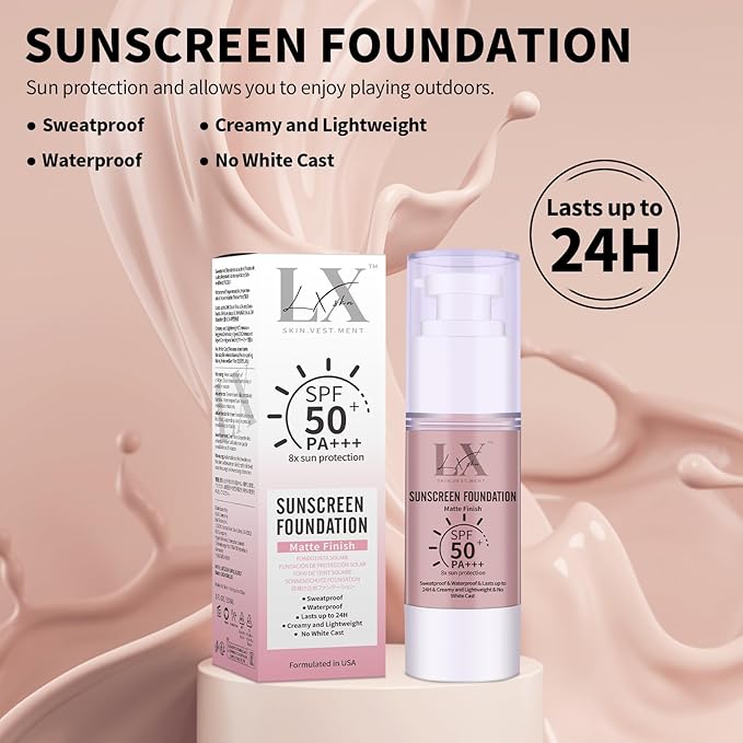 Tinted Face Sunscreen - Waterproof & Lightweight Liquid Foundation with SPF 50++, 3-in-1 Full Coverage Foundation Smooths & Blurs Pores, 301 Medium