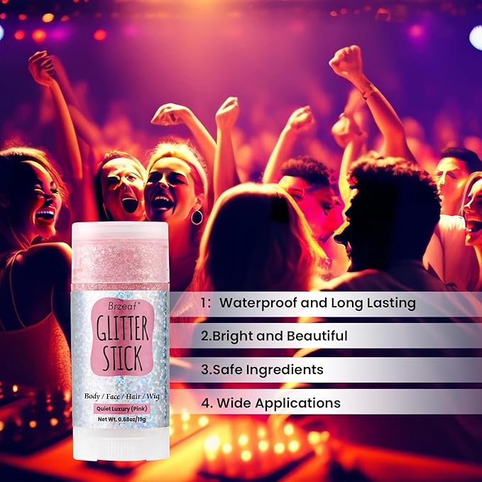 Brzeaf Pink Glitter Stick, Not Greasy & Long Lasting, Christmas Face Glitter Gel, Chunky Glitter for Face/Body/Hair/Eyes/Lip, Singer Concert Music Rave Festival, Glitter Stick Makeup for Women Men