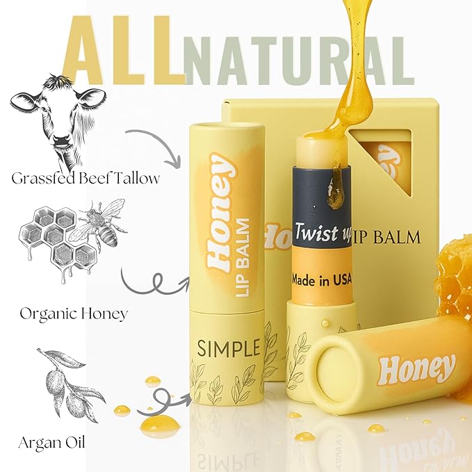 Natural Honey Lip Balm - 100%-grassfed Beef Tallow, Organic Raw Honey & Argan Oil - Ultra Moisturizing, Conditioning, No Paraffin, Non Toxic, all Natural - 3 Pack (3x0.15 oz) Untinted