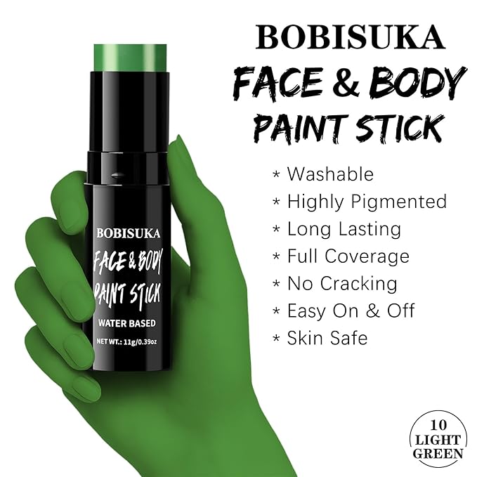 BOBISUKA Light Green Face & Body Paint Stick Water-Based Washable Face Paint Makeup Stick for Halloween Witch, Zombie, Skull, Monster, Hulk, Goblin, Cosplay, SFX, Sports Eye Black & Costume Party