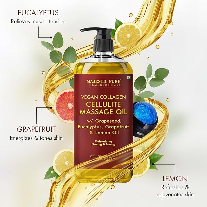 Majestic Pure Firming Body Massage Oil with Collagen – Helps Smooth The Appearance of Cellulite & Improve Skin Texture – Refreshing Aromatherapy Body Oil for Legs & Full Body – 8 Fl Oz, with Roller