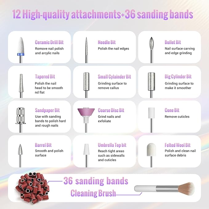Denabuty Nail Drill Cordless, Electric Nail File 12 in 1 with LED Display, Nail Drill Machine Professional Portable Rechargeable E File for Gel Acrylic Manicure Pedicure Set with 5 Speeds Purple