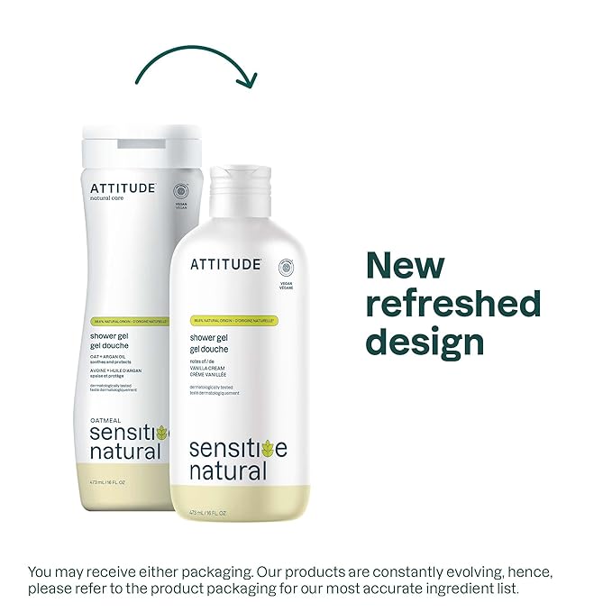 ATTITUDE Body Wash for Sensitive Skin, EWG Verified Shower Gel, Soothing Oat, Dermatologically Tested, Plant and Mineral-Based, Vegan Personal Care, Vanilla Cream Scent, 16 Fl Oz