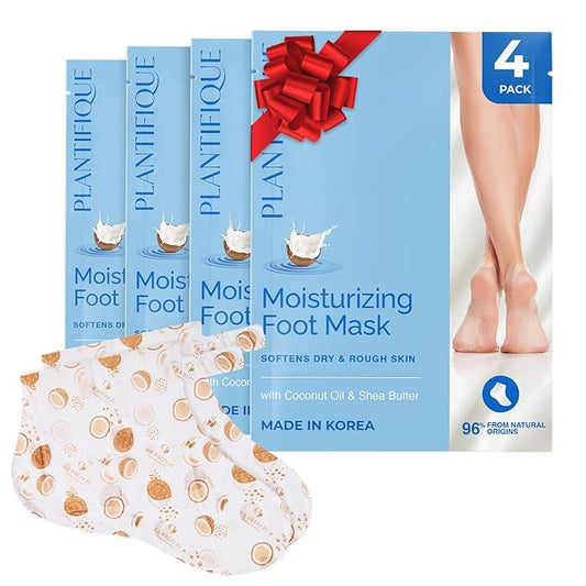 PLANTIFIQUE Korean Foot Mask with Shea Butter 4 Pairs box for Dry & Cracked Feet | Hydrating Socks for Soft Heels | Intense Moisturizing and Repairing Dry Rough Skin | Foot Spa | Happy Feet Mask