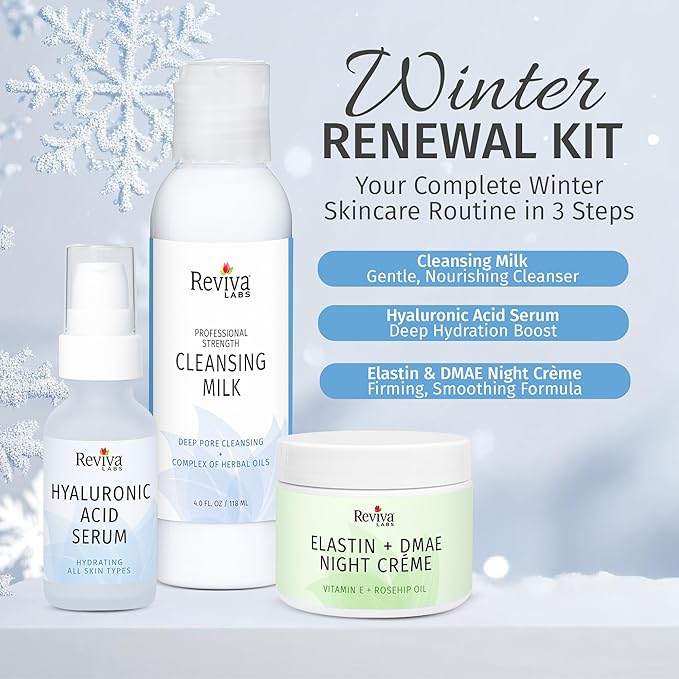 Reviva Labs Winter Renewal Skincare Gift Set – 3-Pc Face Care Kit with Cleansing Milk, Hyaluronic Acid Serum, and Elastin + DMAE Night Creme – Cleansing, Moisturizing & Firming Skincare Set for Women