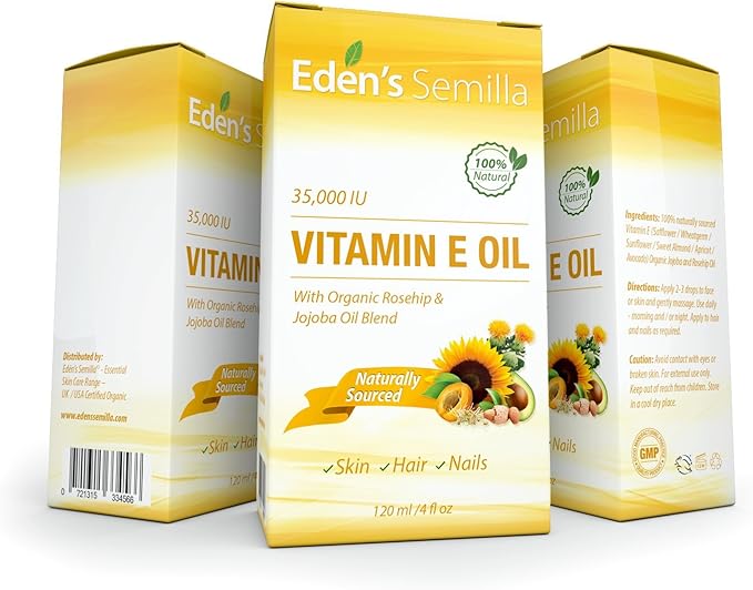 Eden's Semilla 100% Plant Extract Vitamin E Oil 35,000 IU + Organic Rosehip & Jojoba Blend - Fast Absorbing Skin Protection for Face & Body. Pure Ingredients - Ideal for Sensitive Skin - Use Daily
