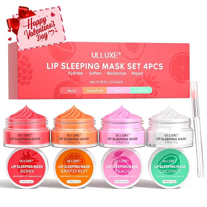 Lip Mask Set 4 Pcs, Valentine's Day Gifts for Women, Overnight Lip Sleeping Mask with Shea Butter, Hyaluronic Acid & Vitamin C, Nourishes Hydrates Dry, Flaky Lips, Moisturizing Lip Care Gift