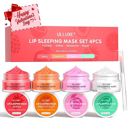 Lip Mask Set 4 Pcs, Valentine's Day Gifts for Women, Overnight Lip Sleeping Mask with Shea Butter, Hyaluronic Acid & Vitamin C, Nourishes Hydrates Dry, Flaky Lips, Moisturizing Lip Care Gift