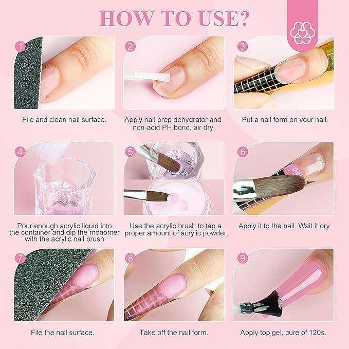 SAVILAND Acrylic Nail Kit Starter Set: Acrylic Nail Kit for Beginners with Everything White Pink Clear Acrylics Powder and Liquid Set #8/10/14 Nail Brush Forms Manicure Tools Home Nail Salon DIY