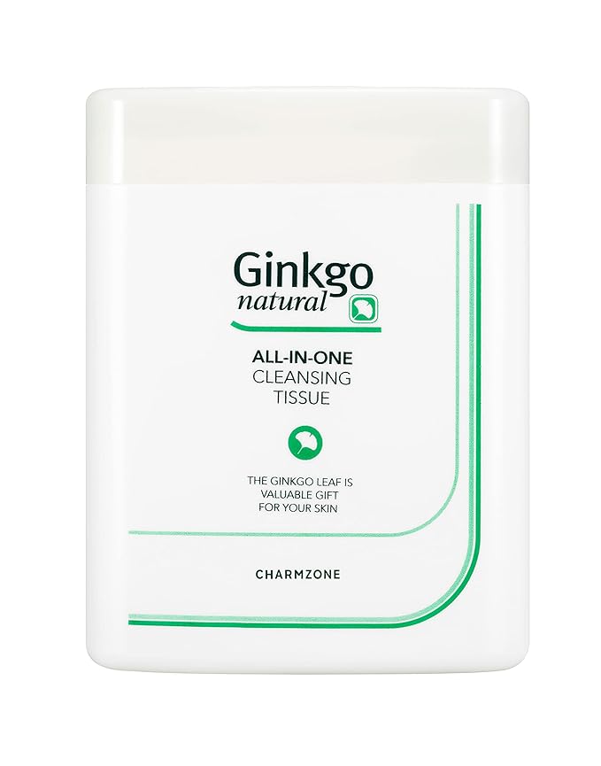 CHARMZONE Ginkgo Natural Cleansing Tissue, All-in-One Makeup Remover & Moisturizing Face Wipes, Gentle Botanical Formula, Mineral-Oil-Free, For All Skin Types, Flip-Top Container, 110 Sheets