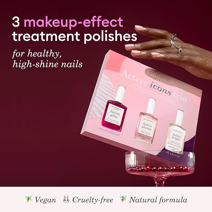 Manucurist Active Icons Trio Set - Active Glow Blueberry, Active Shine, Active Plump Nail Polishes - Nail Strengthener - Brightening Treatment Polish & Care - Valentines Day Gifts for Her